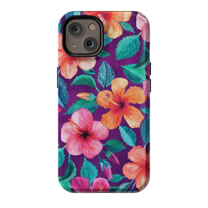 iPhone 14 StrongFit Bright Hibiscus Blooms in Watercolor on Purple by Micklyn Le Feuvre