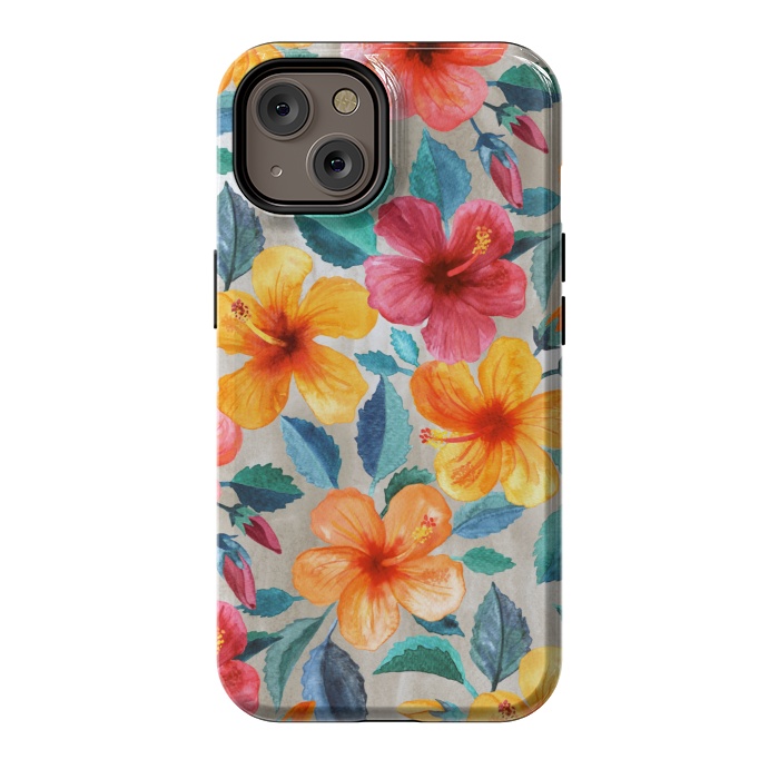 iPhone 14 StrongFit Tropical Hawaiian Hibiscus Blooms in Watercolor by Micklyn Le Feuvre