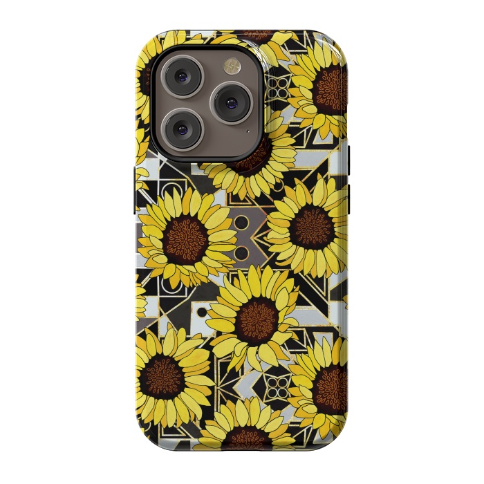iPhone 14 Pro StrongFit Sunflowers & Geometric Gold, Black & White Background  by Tigatiga