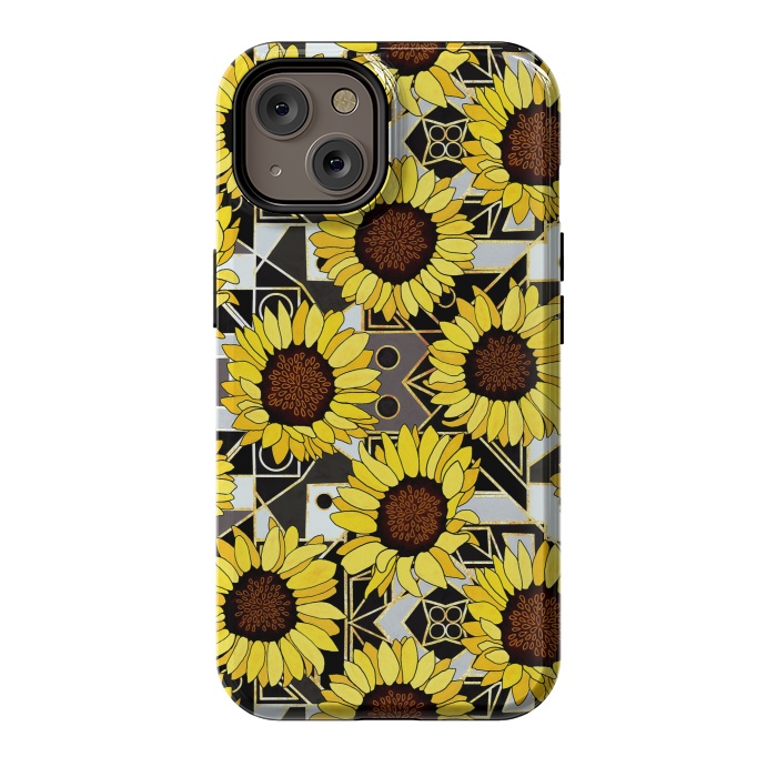 iPhone 14 StrongFit Sunflowers & Geometric Gold, Black & White Background  by Tigatiga