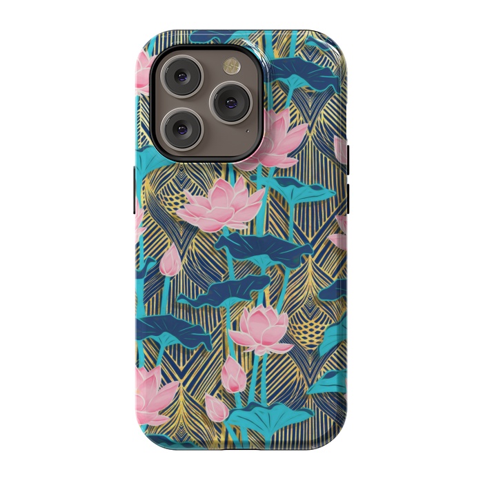 iPhone 14 Pro StrongFit Art Deco Lotus Flowers in Pink & Navy by Micklyn Le Feuvre