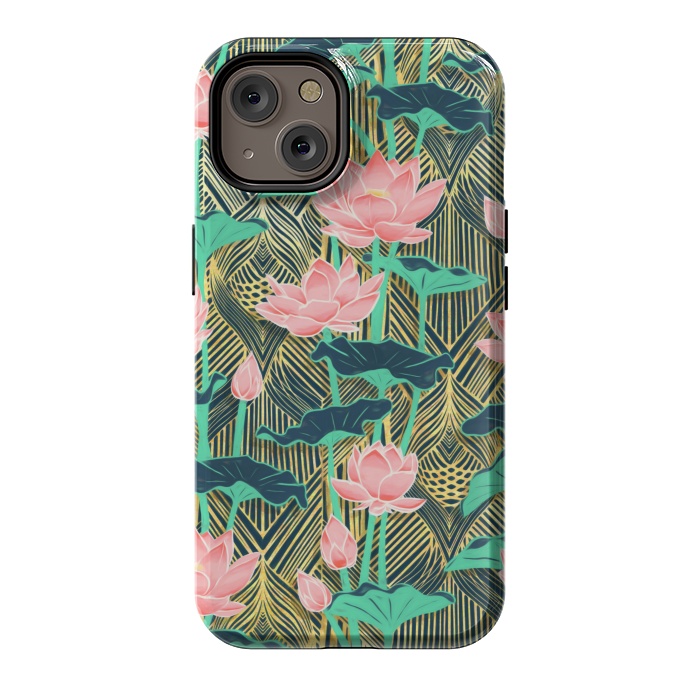 iPhone 14 StrongFit Art Deco Lotus Flowers in Peach & Emerald by Micklyn Le Feuvre