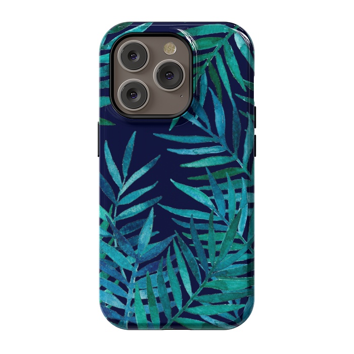 iPhone 14 Pro StrongFit Watercolor Palm Leaves on Navy Blue by Micklyn Le Feuvre