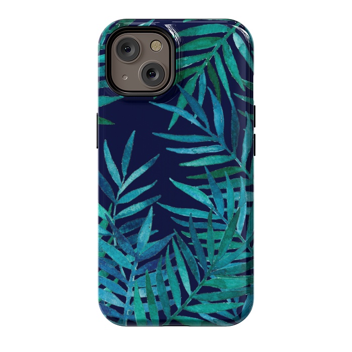 iPhone 14 StrongFit Watercolor Palm Leaves on Navy Blue by Micklyn Le Feuvre