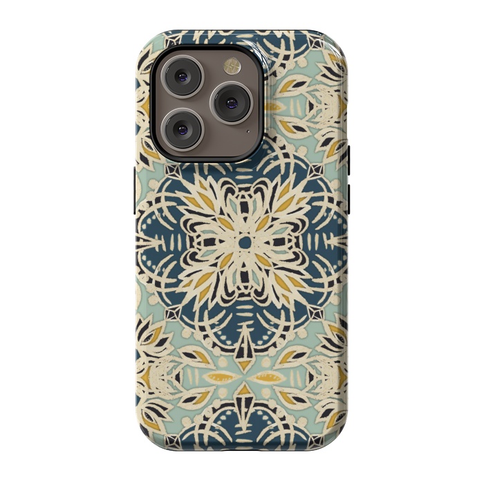 iPhone 14 Pro StrongFit Protea Pattern in Deep Teal, Cream, Sage Green & Yellow Ocher by Micklyn Le Feuvre