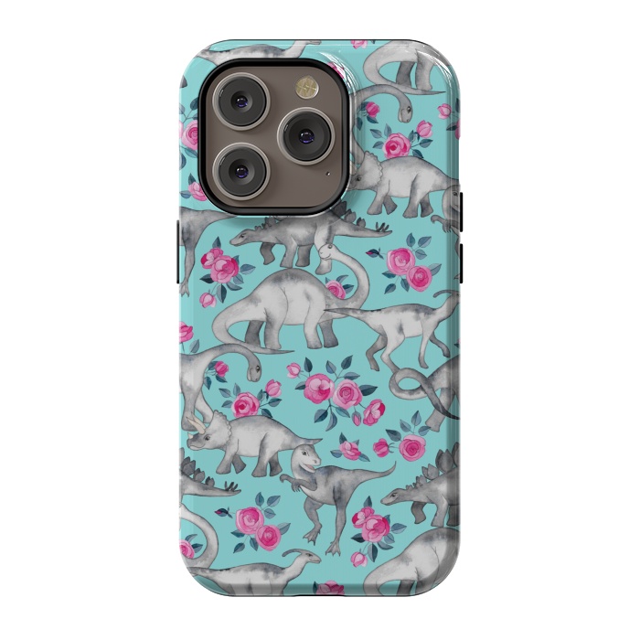 iPhone 14 Pro StrongFit Dinosaurs and Roses on Turquoise by Micklyn Le Feuvre