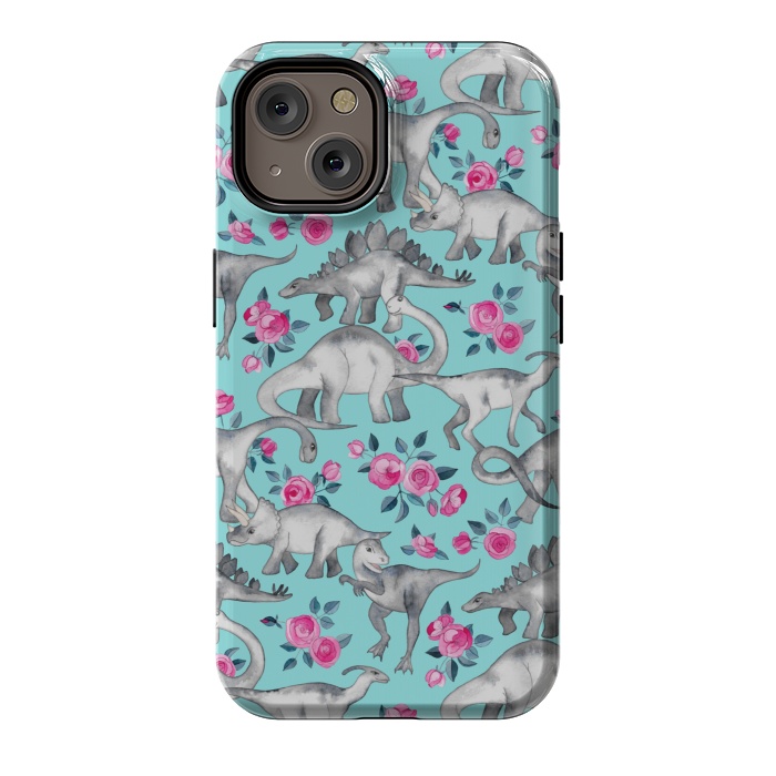 iPhone 14 StrongFit Dinosaurs and Roses on Turquoise by Micklyn Le Feuvre