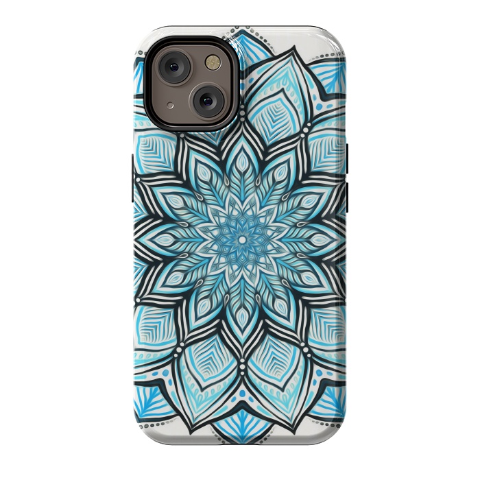 iPhone 14 StrongFit Turquoise Tribal Mandala on White by Micklyn Le Feuvre