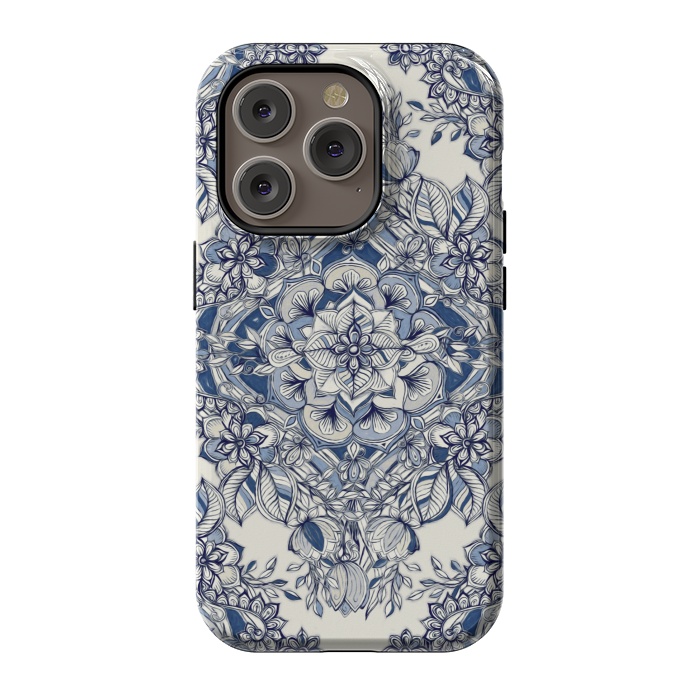 iPhone 14 Pro StrongFit Floral Diamond Doodle in Dark Blue and Cream by Micklyn Le Feuvre