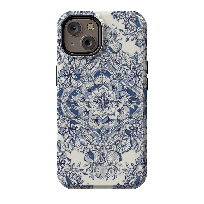 iPhone 14 StrongFit Floral Diamond Doodle in Dark Blue and Cream by Micklyn Le Feuvre
