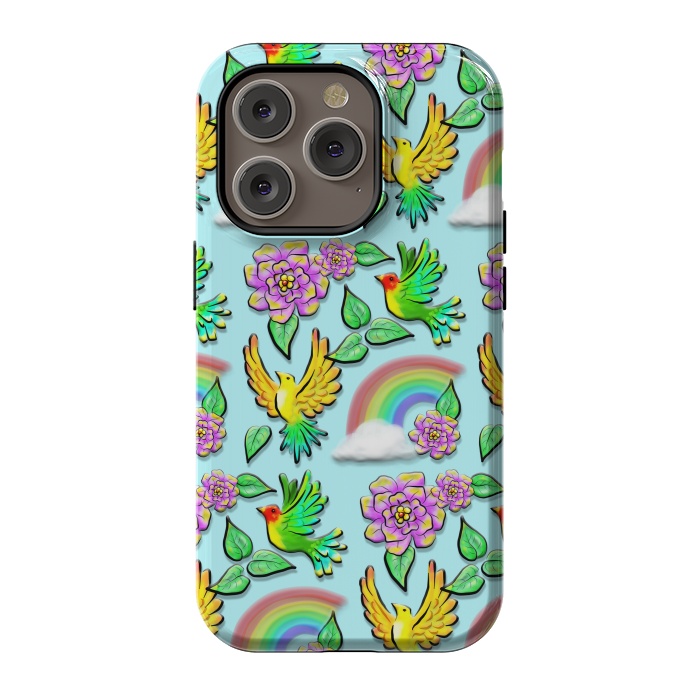 iPhone 14 Pro StrongFit Birds Flowers and Rainbows Doodle Pattern by BluedarkArt