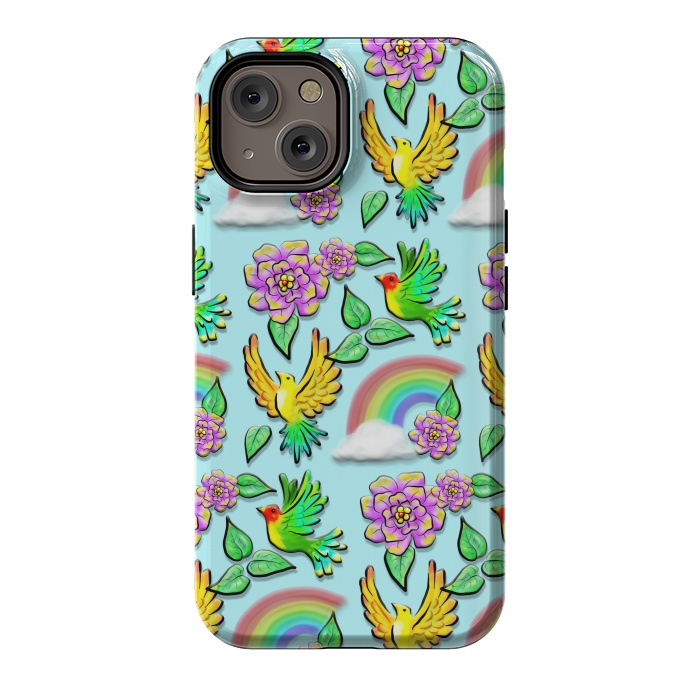 iPhone 14 StrongFit Birds Flowers and Rainbows Doodle Pattern by BluedarkArt