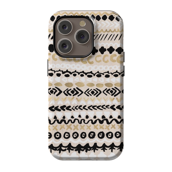 iPhone 14 Pro StrongFit Black, White & Gold Tribal by Tangerine-Tane