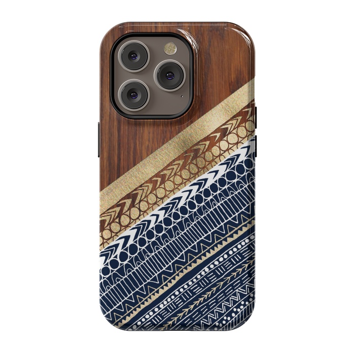 iPhone 14 Pro StrongFit Navy & Gold Tribal on Wood by Tangerine-Tane
