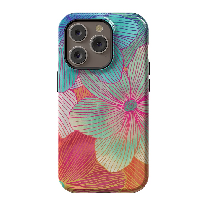 iPhone 14 Pro StrongFit Between the Lines - tropical flowers in pink, orange, blue & mint by Micklyn Le Feuvre