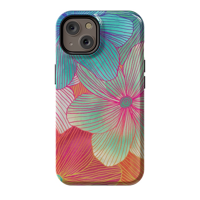 iPhone 14 StrongFit Between the Lines - tropical flowers in pink, orange, blue & mint by Micklyn Le Feuvre