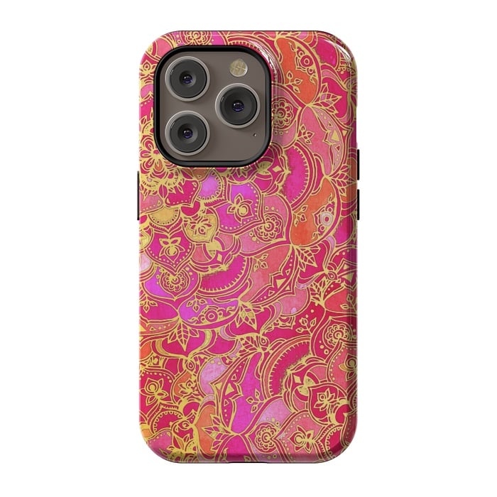 iPhone 14 Pro StrongFit Hot Pink and Gold Baroque Floral Pattern by Micklyn Le Feuvre