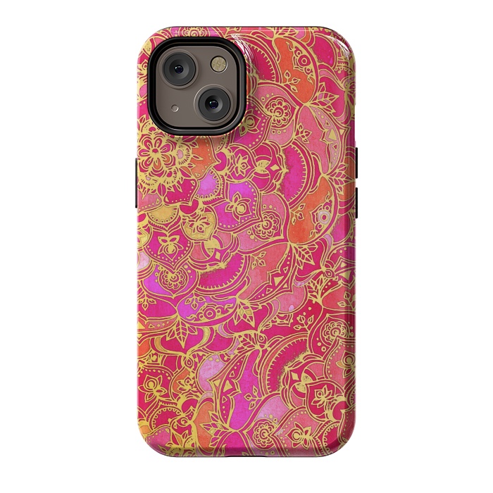 iPhone 14 StrongFit Hot Pink and Gold Baroque Floral Pattern by Micklyn Le Feuvre