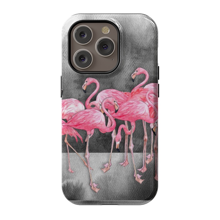 iPhone 14 Pro StrongFit Pink Flamingos in Watercolor & Ink by Micklyn Le Feuvre
