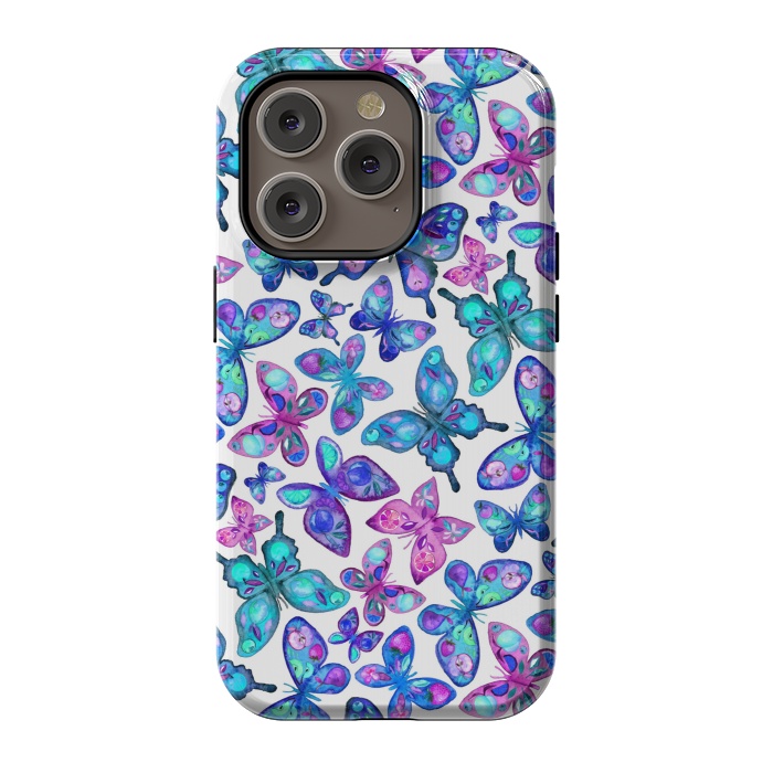 iPhone 14 Pro StrongFit Watercolor Fruit Patterned Butterflies - aqua and sapphire by Micklyn Le Feuvre