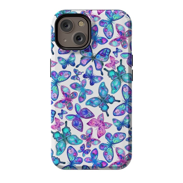 iPhone 14 StrongFit Watercolor Fruit Patterned Butterflies - aqua and sapphire by Micklyn Le Feuvre