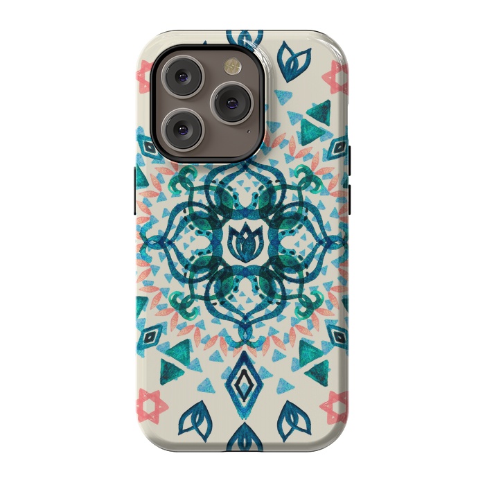 iPhone 14 Pro StrongFit Watercolor Lotus Mandala in Teal & Salmon Pink by Micklyn Le Feuvre
