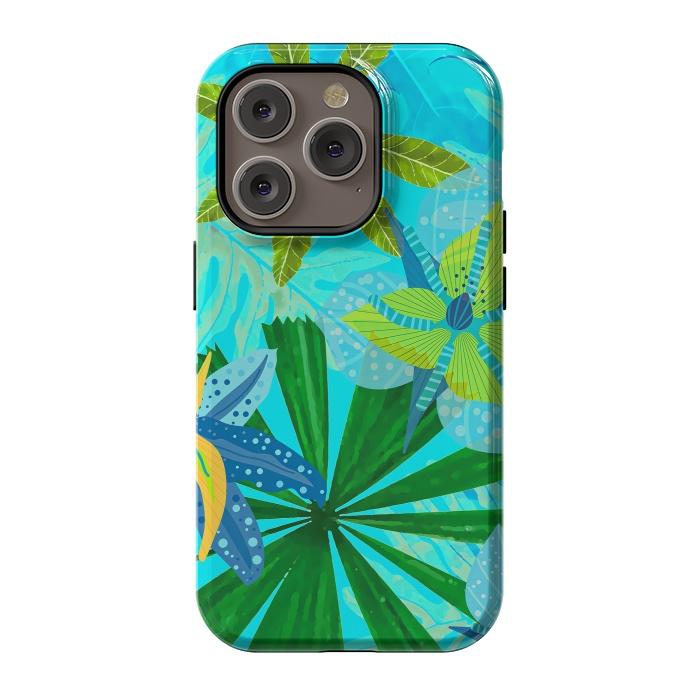 iPhone 14 Pro StrongFit Watercolor Abstract Teal and Blue Aloha tropical Jungle by  Utart