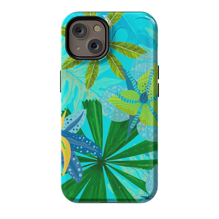 iPhone 14 StrongFit Watercolor Abstract Teal and Blue Aloha tropical Jungle by  Utart
