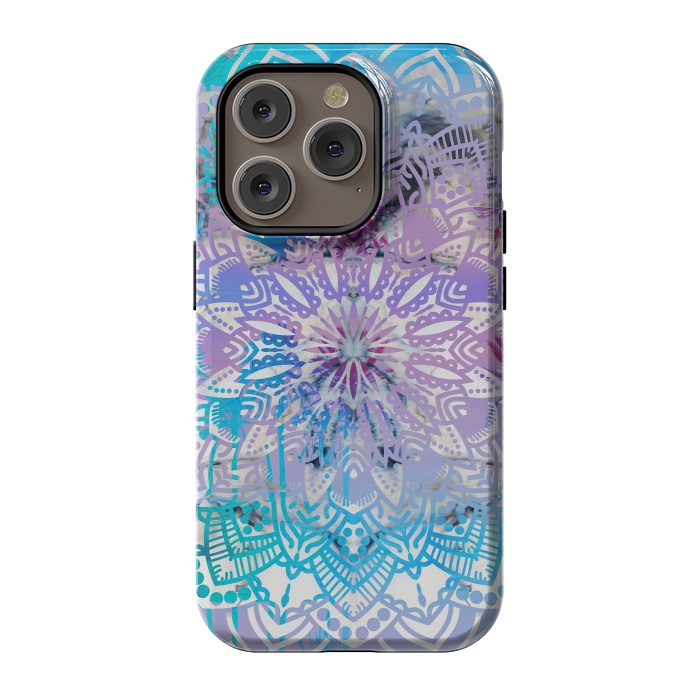 iPhone 14 Pro StrongFit Blue lavender mandala drawing on white marble by Oana 