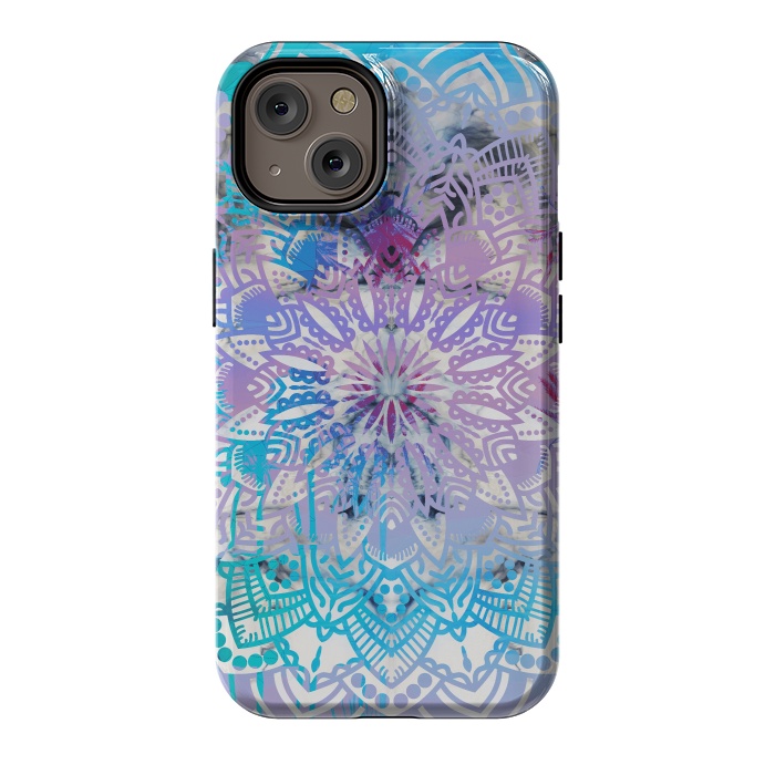 iPhone 14 StrongFit Blue lavender mandala drawing on white marble by Oana 