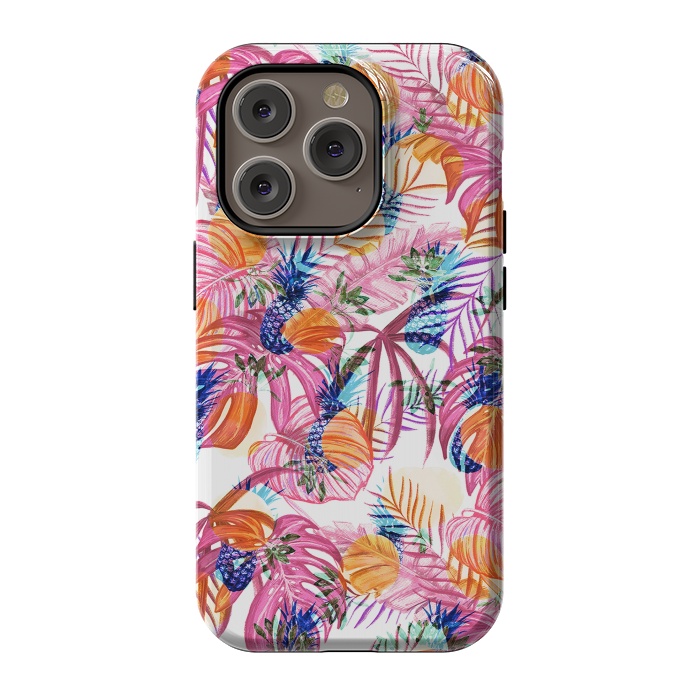 iPhone 14 Pro StrongFit Pink tropical leaves and blue pineapples by Oana 