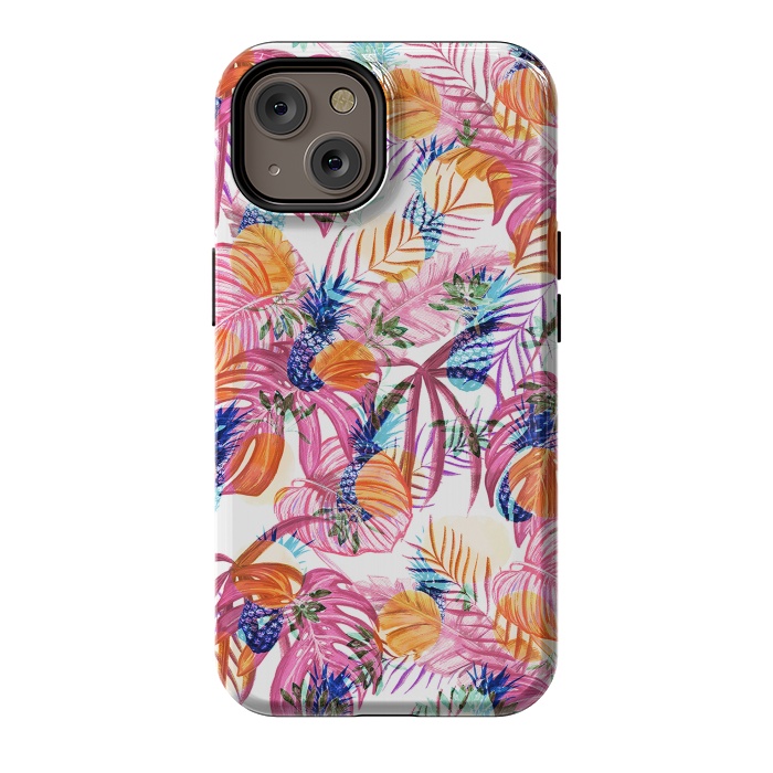 iPhone 14 StrongFit Pink tropical leaves and blue pineapples by Oana 