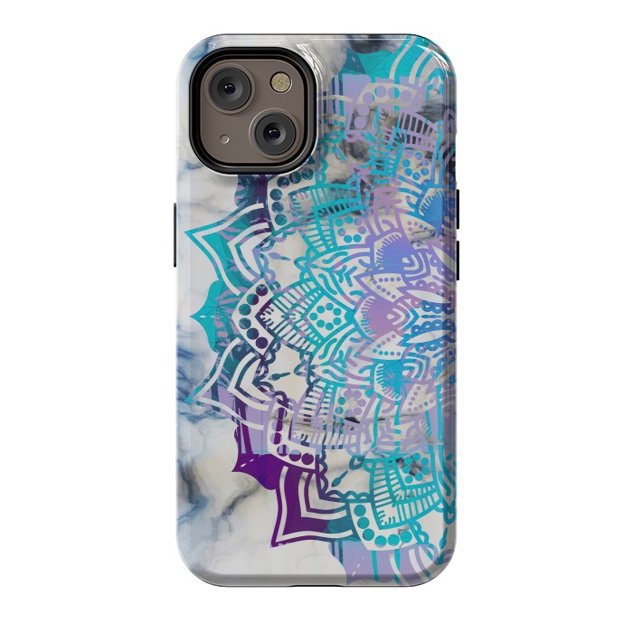 iPhone 14 StrongFit Blue purple mandala on white marble texture by Oana 