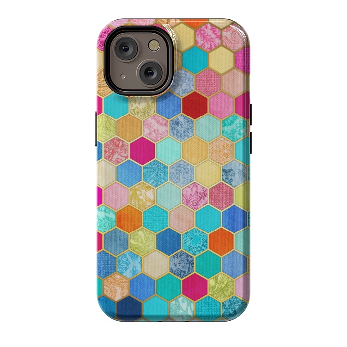 iPhone 14 StrongFit Patterned Honeycomb Patchwork in Jewel Colors by Micklyn Le Feuvre