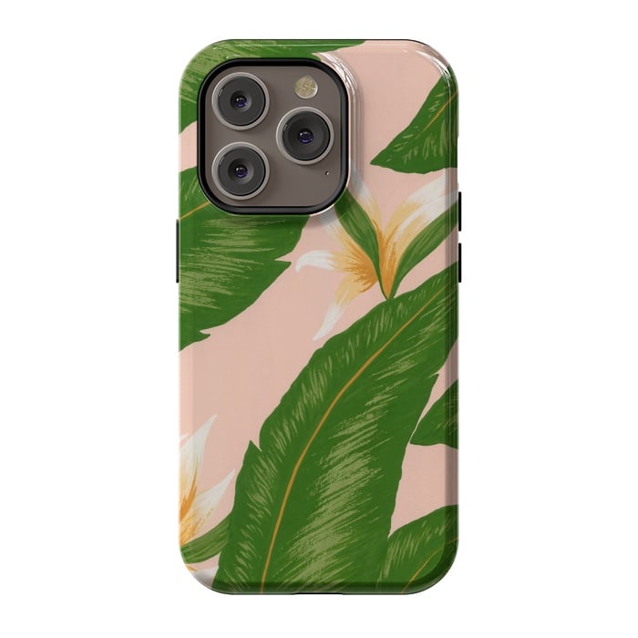 iPhone 14 Pro StrongFit Pink Bird Of Paradise Jungle Floral Print by Becky Starsmore
