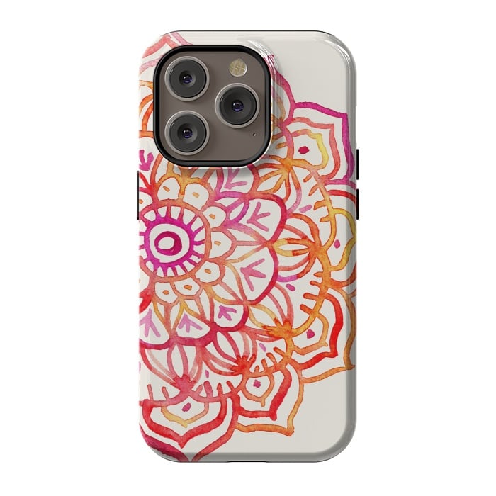 iPhone 14 Pro StrongFit Watercolor Mandala in Sunset Colors by Micklyn Le Feuvre