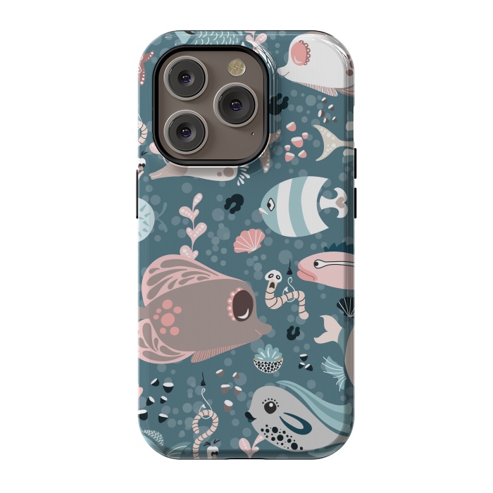 iPhone 14 Pro StrongFit Funny Fish in Blue and White by Paula Ohreen