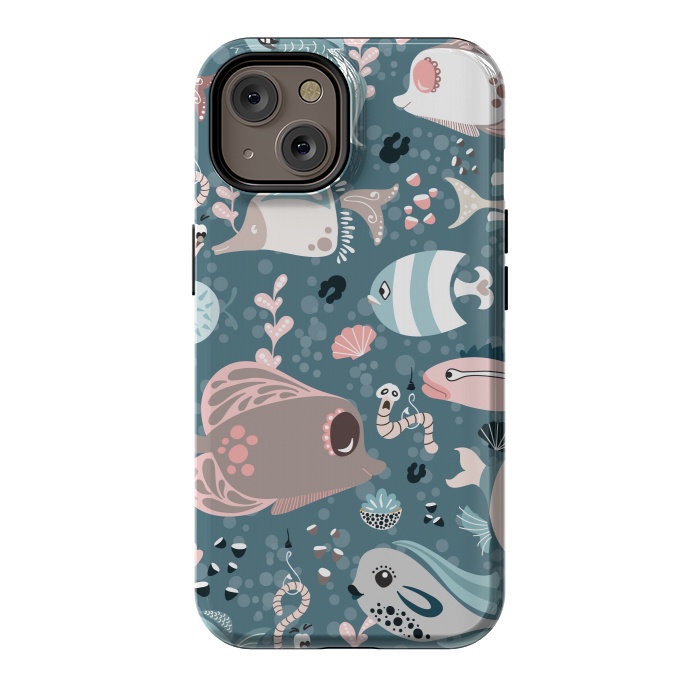 iPhone 14 StrongFit Funny Fish in Blue and White by Paula Ohreen
