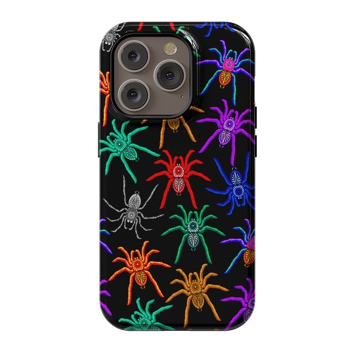 iPhone 14 Pro StrongFit Spiders Pattern Colorful Tarantulas on Black by BluedarkArt