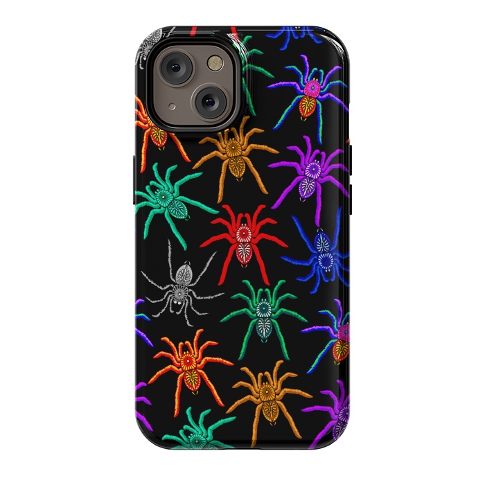 iPhone 14 StrongFit Spiders Pattern Colorful Tarantulas on Black by BluedarkArt