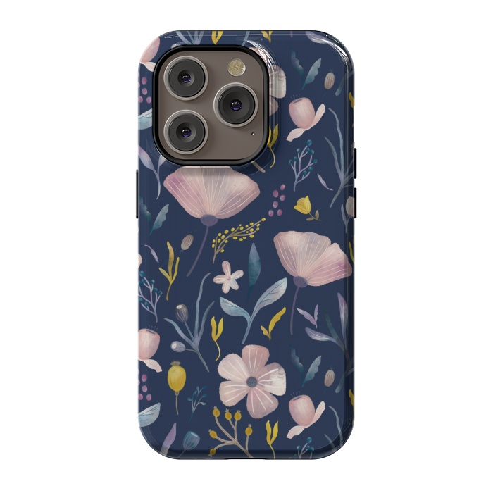 iPhone 14 Pro StrongFit Delicate Pastel Floral on Blue by Noonday Design