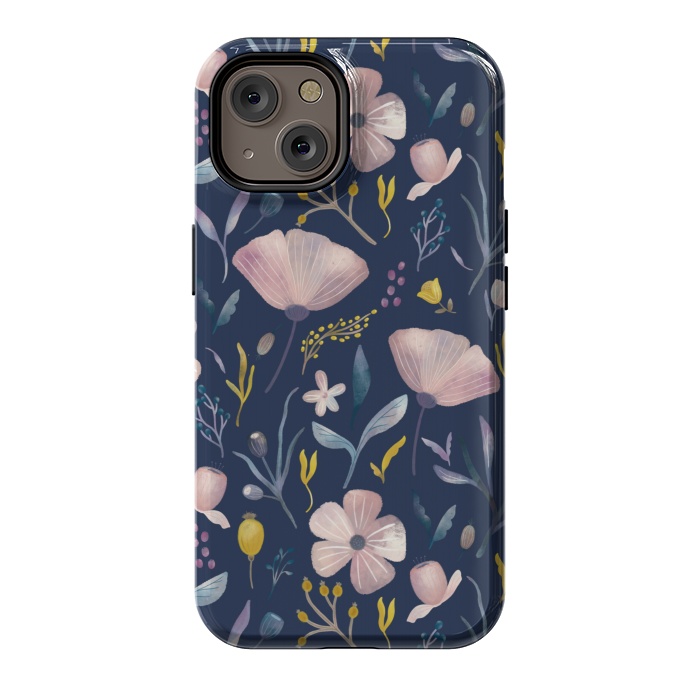 iPhone 14 StrongFit Delicate Pastel Floral on Blue by Noonday Design