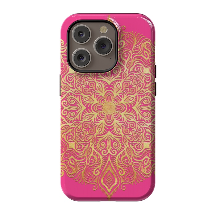 iPhone 14 Pro StrongFit Ornate Gold Mandala on Hot Pink by Micklyn Le Feuvre