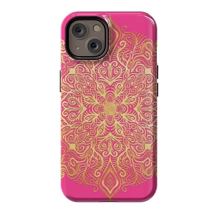 iPhone 14 StrongFit Ornate Gold Mandala on Hot Pink by Micklyn Le Feuvre