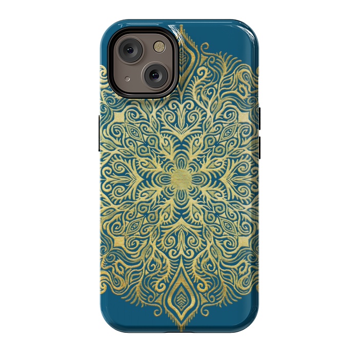 iPhone 14 StrongFit Ornate Gold Mandala on Deep Blue by Micklyn Le Feuvre