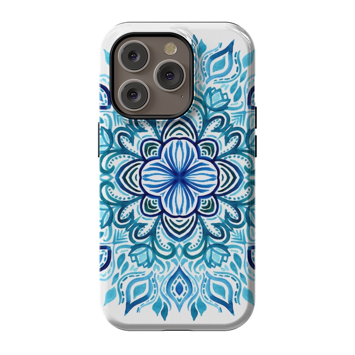 iPhone 14 Pro StrongFit Watercolor Blues Lotus Mandala by Micklyn Le Feuvre