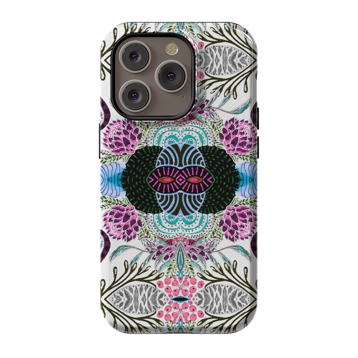 iPhone 14 Pro StrongFit Whimsical tribal mask abstract design by InovArts