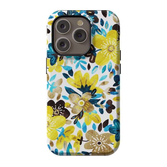 iPhone 14 Pro StrongFit Happy Yellow & Turquoise Floral Collage by Micklyn Le Feuvre