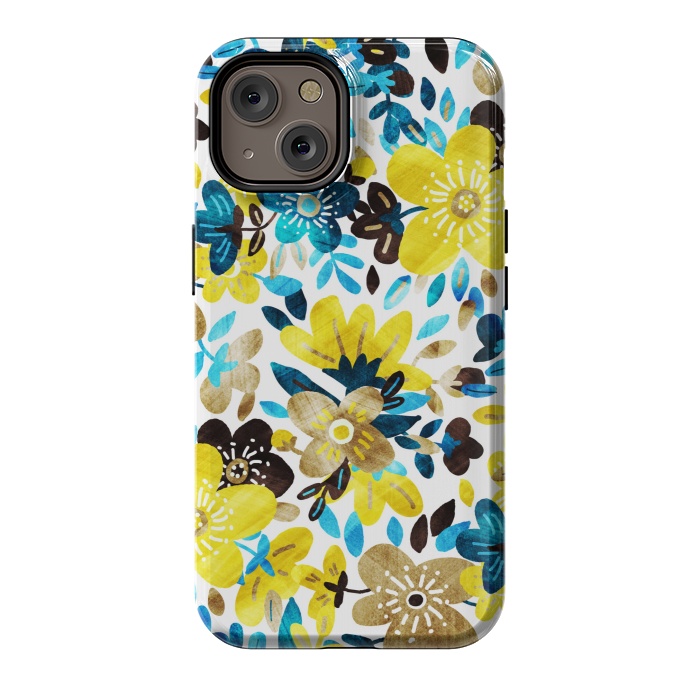 iPhone 14 StrongFit Happy Yellow & Turquoise Floral Collage by Micklyn Le Feuvre