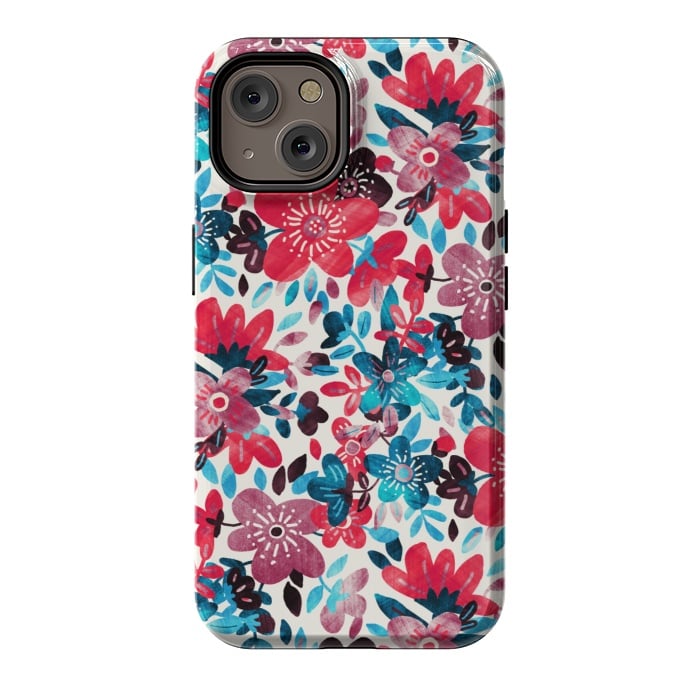 iPhone 14 StrongFit Cheerful Red and Blue Floral Pattern by Micklyn Le Feuvre